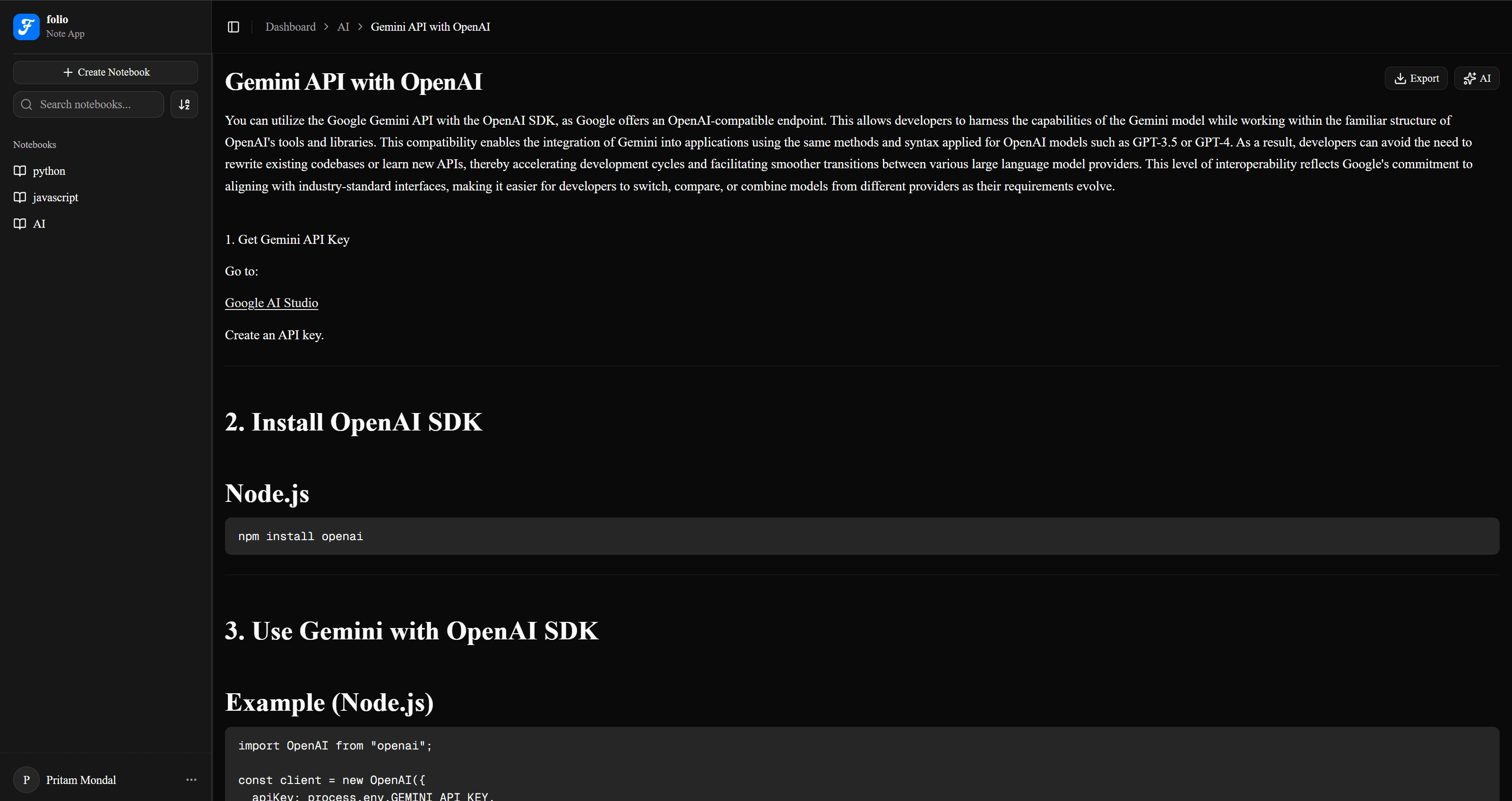 folio editor preview, dark theme